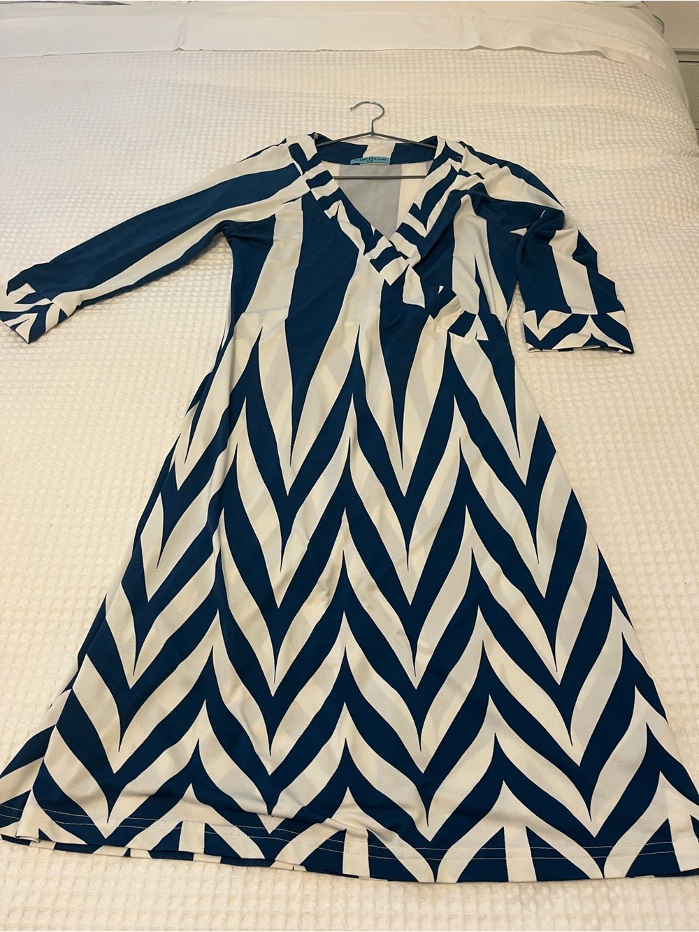 Navy and White Chevron V-Neck Midi Dress